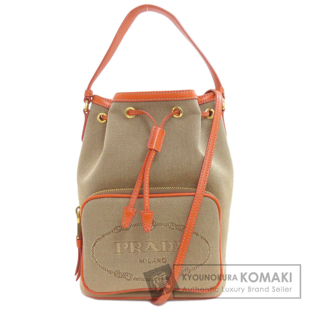 Prada beige orange Prada Logo Jacquard 2Way Bucket Bag zip pocket